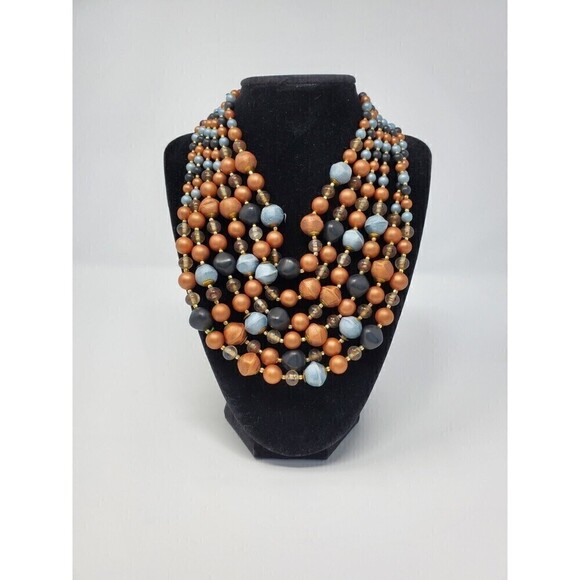 VINTAGE JAPAN SIX STRAND BEADED NECKLACE COPPER BRONZE BROWN BLUE HOOK CLOSURE - Picture 1 of 12